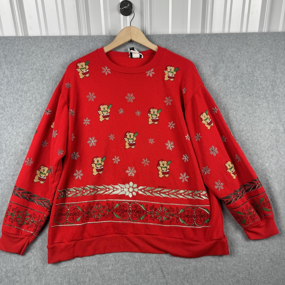 Vintage Why Not Sweatshirt Womens 2X Red Christmas Teddy Bear Snowflake 90s USA